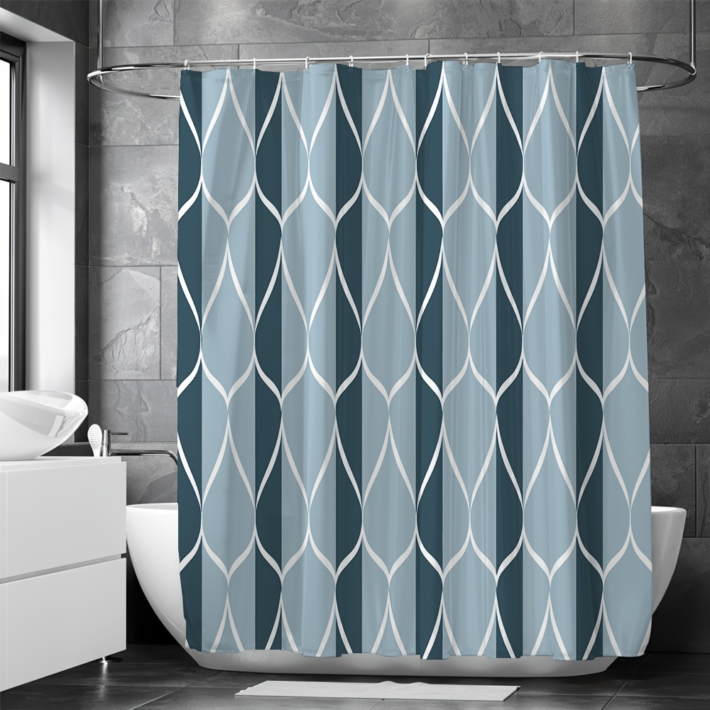 1pc Classic Teal Geometric Line Shower Curtain 71 71 Inches 12 Hooks