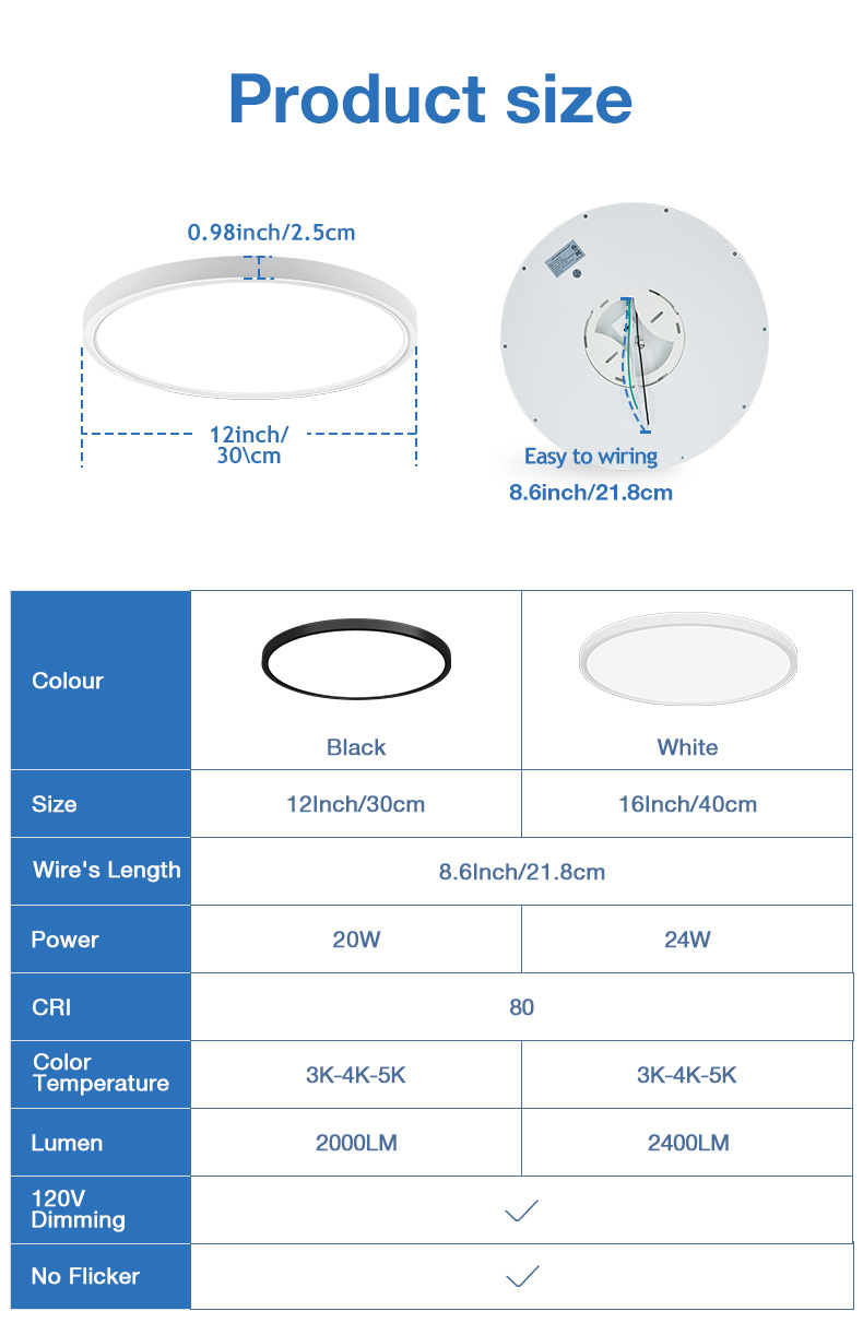 1pc led ceiling light fixture dimmable flush mount ceiling light with 3 color temperature selectable 3000k 4000k 5000k ultra thin low profile round suitable for hallway kitchen bedroom home 120vac etl listed details 2