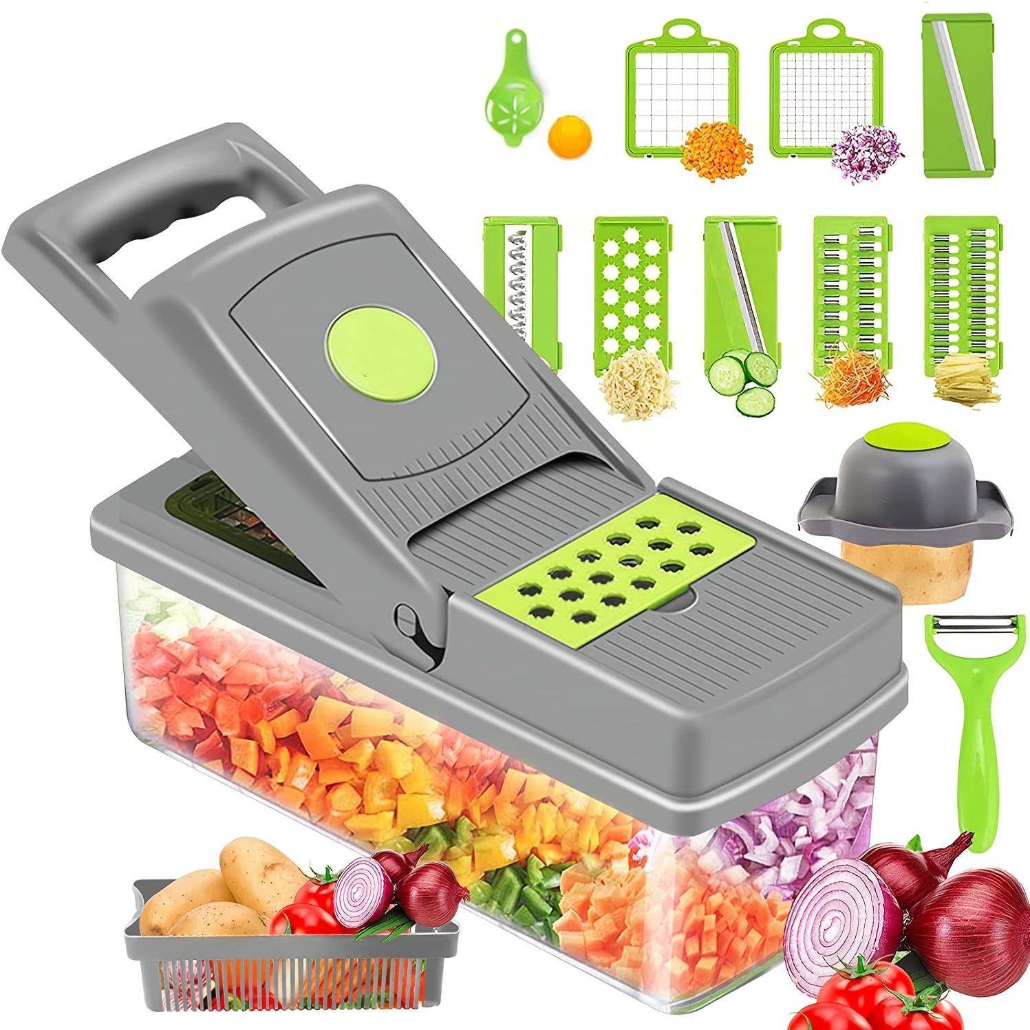 14in1, Vegetable Chopper, Onion Chopper, Multifunctional Food Chopper,  Kitchen Vegetable Slicer Dicer Cutter, Veggie Chopper With 8 Blades, Carrot  And Garlic Chopper With Container, Kitchen Gadgets - Temu
