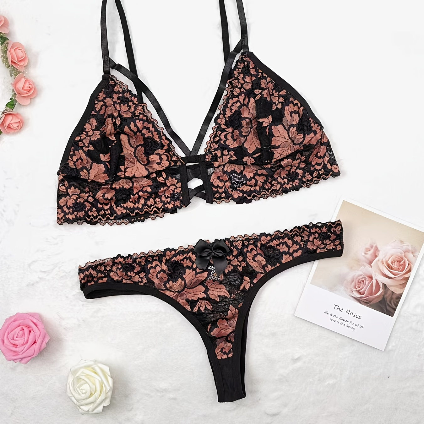 Plus Size Floral Print Sexy Lingerie Set, Women’s Plus Semi Sheer