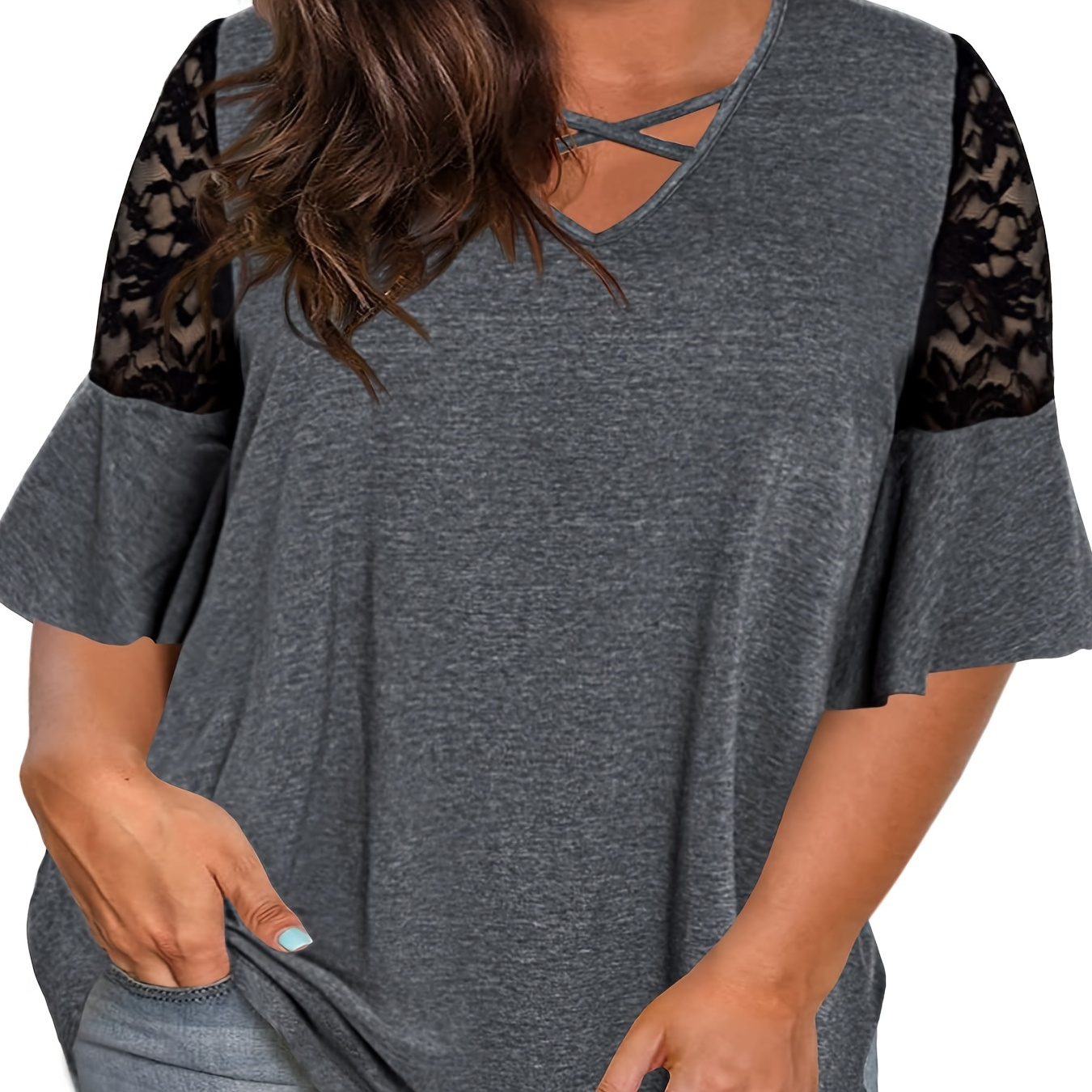 

Plus Size Contrast Lace Short Sleeve T-shirt, Women's Plus Slight Stretch Basic Tee