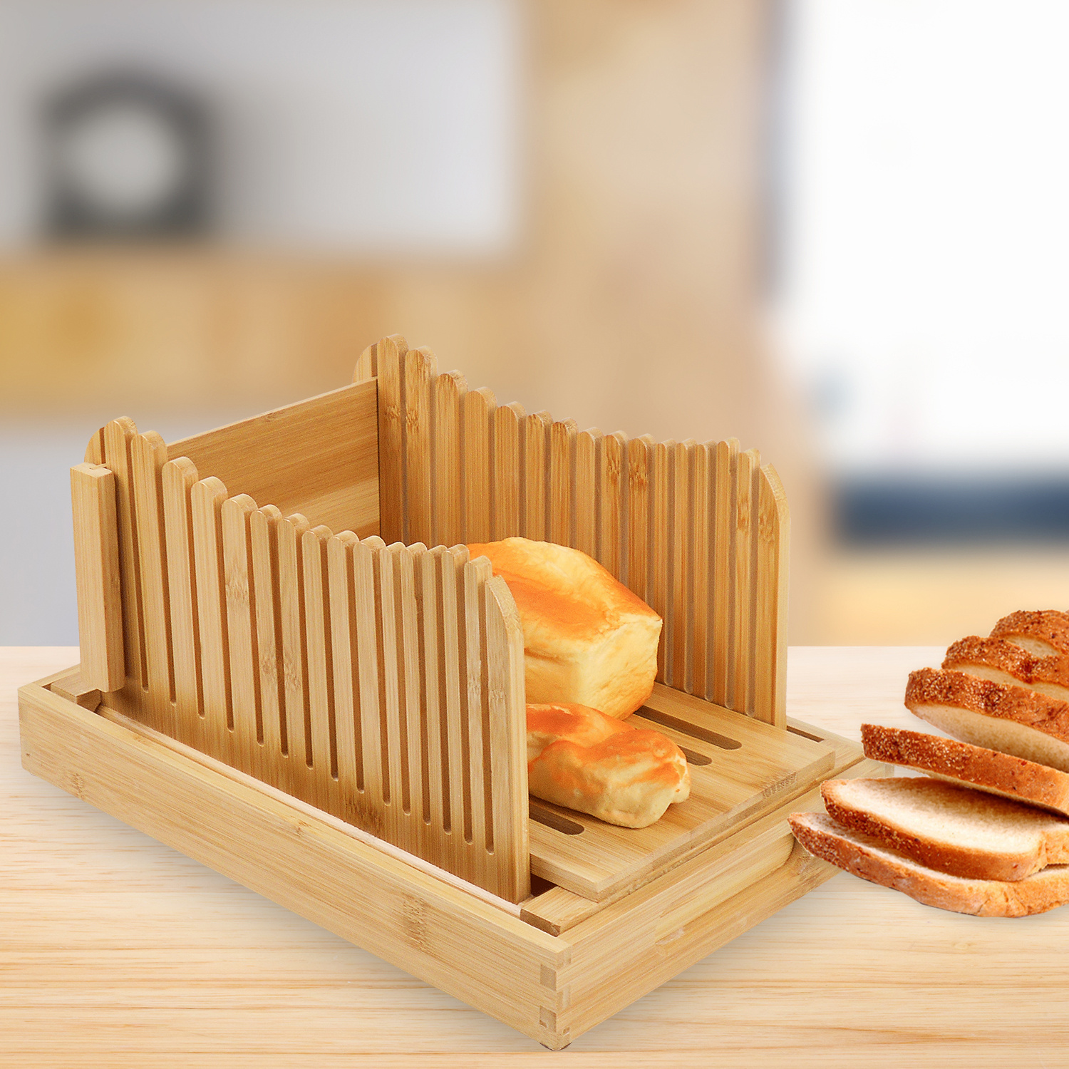 1 affettatrice per pane in bambù con vassoio per briciole, affettatrice per  pane in legno pieghevole, taglierina per pane regolabile per pane fatto in