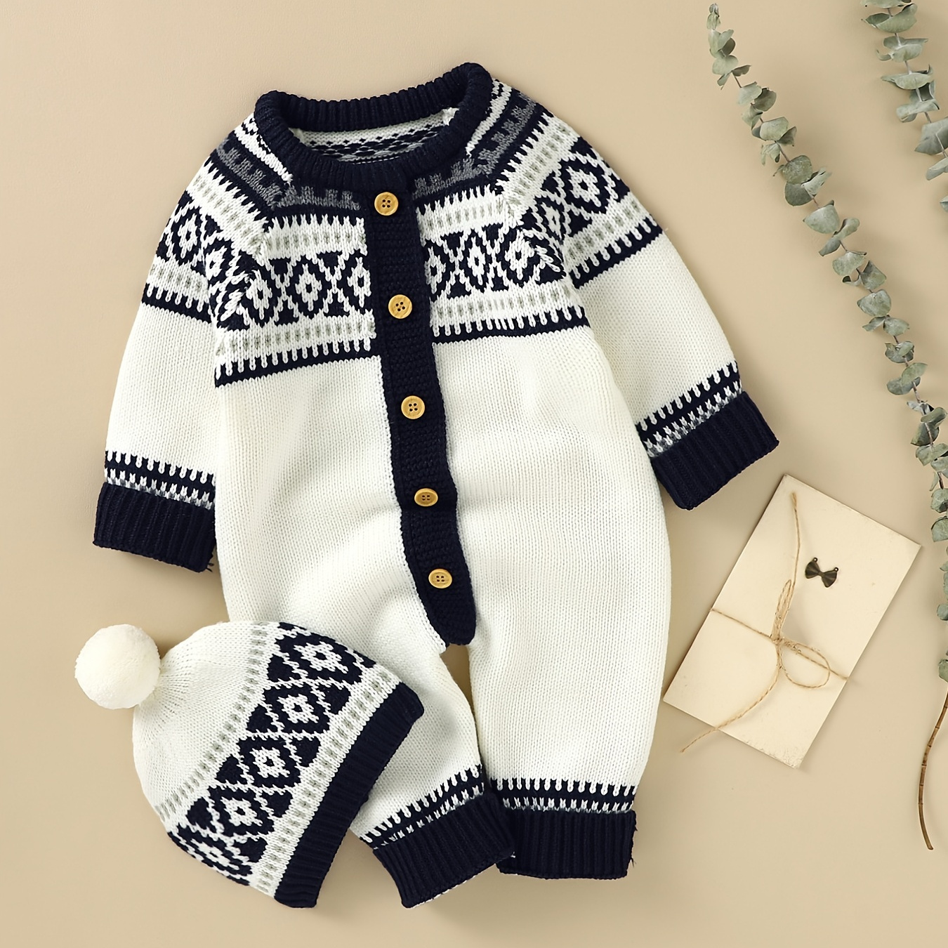 

Newborn Infant Geometric Pattern Sweater Romper Long Sleeve Button Jumpsuit & Hat For Toddler Baby Boys And Girls Kids Clothes
