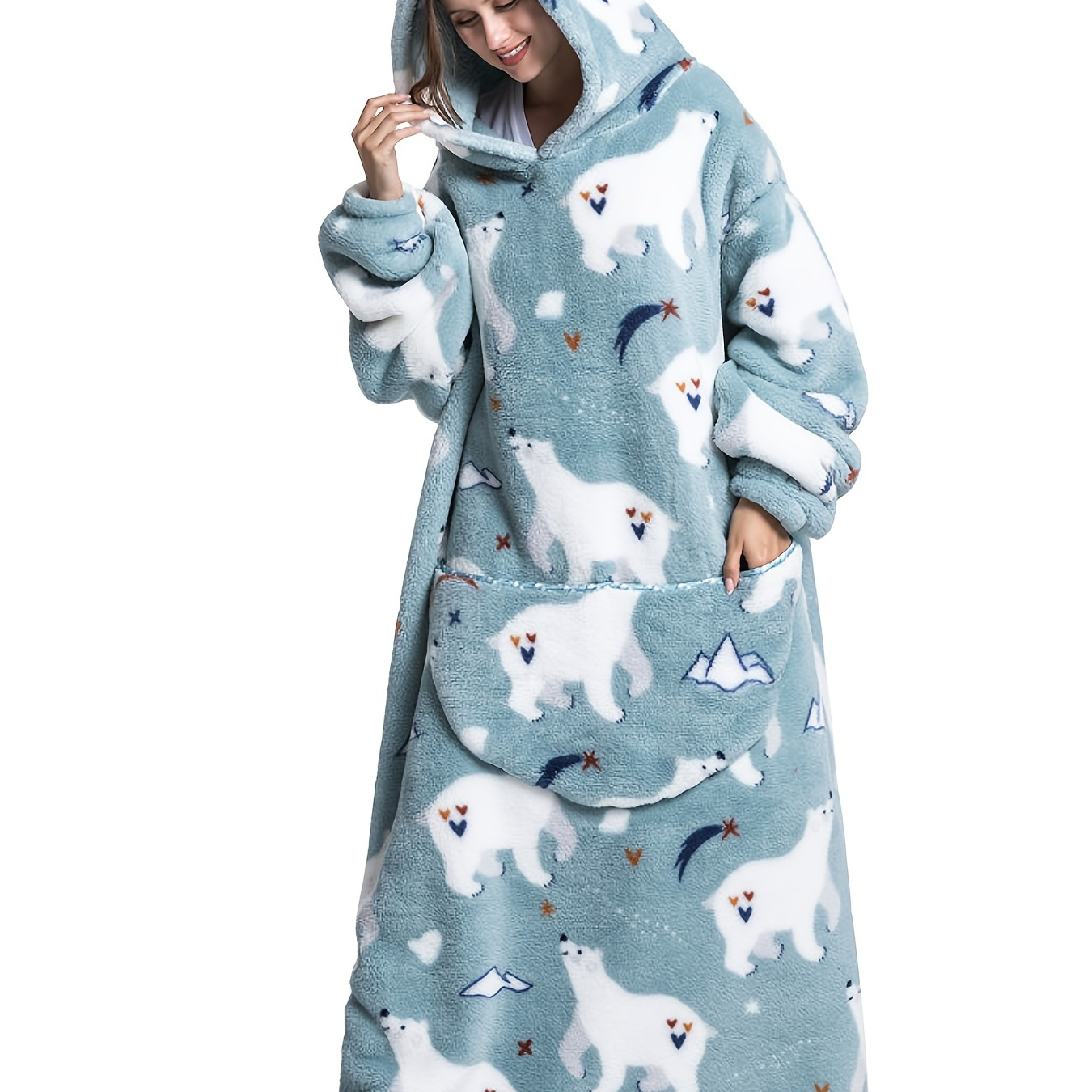 Plus Size Flannel Blanket Hoodie Fluffy Nightgowns, Women's Plus Polar Bear Print Plush Casual Slight Stretch Sleepwear Robes