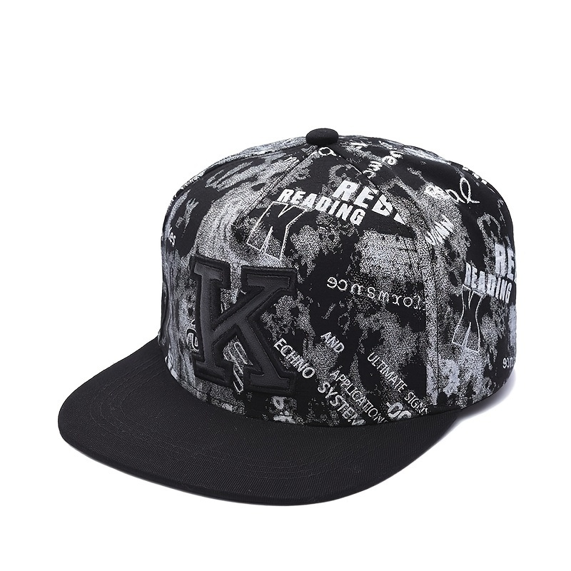 

1pc Graffiti Print K Embroidery Men's Hip Hop Flat Brim Hat, Ideal Choice For Gifts