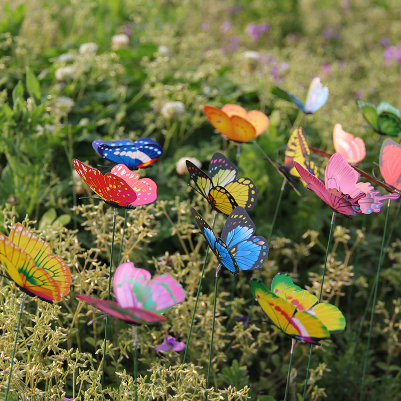 Top View Of Rainbow Flying Butterfly Fake Toy Multicolored Simulation  Butterfly Stick On Grass In Soil For Garden Decoration On Real Plants  Leaves Lawn House Home Charm Ornament Outdoor 3d Decor. Stock
