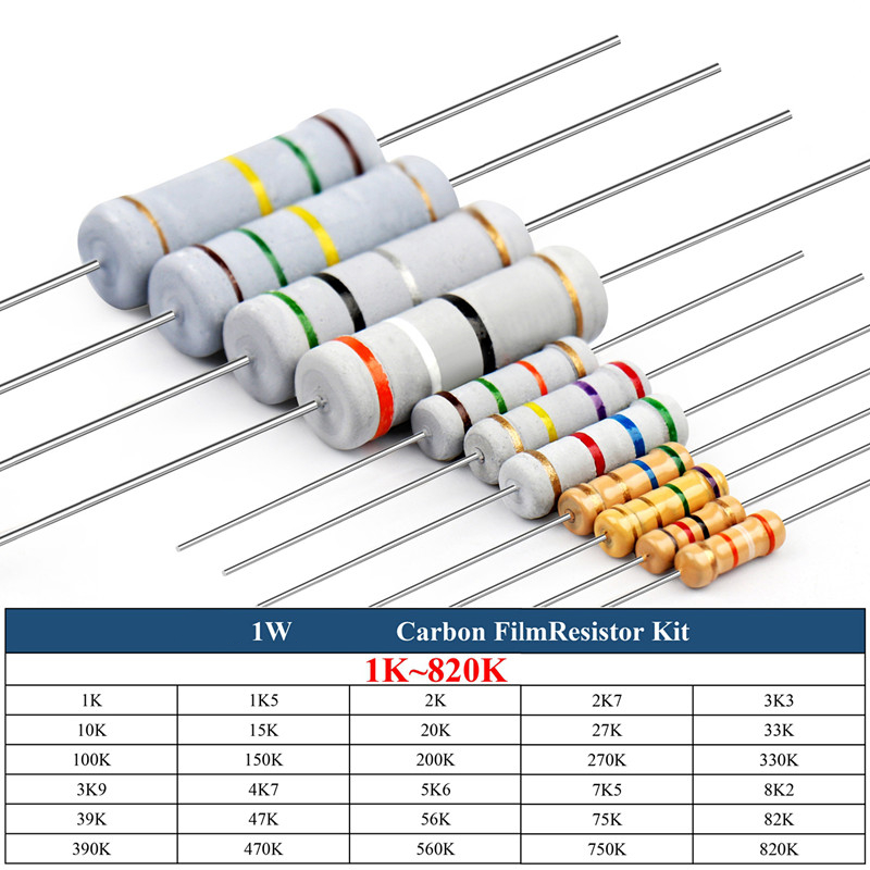 300pcs 1W Carbon Film Resistor Set, 1K~820K Ohm, 0.1R~750R, 30Values*10pcs,  Resistor Range Assortment Kit 5% Color Ring Resistance