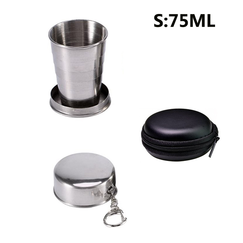 Travel Stainless Steel Collapsible Cup 240ML with Metal Telescopic  Keychain,With Plastic Collapsible Cups,BPA-Free Silicone,Portable