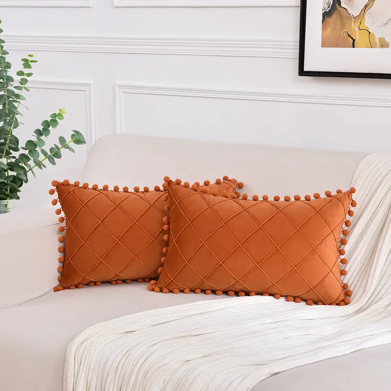 Lumbar Throw Pillow Covers With Pom poms For Couch Bed Soft - Temu