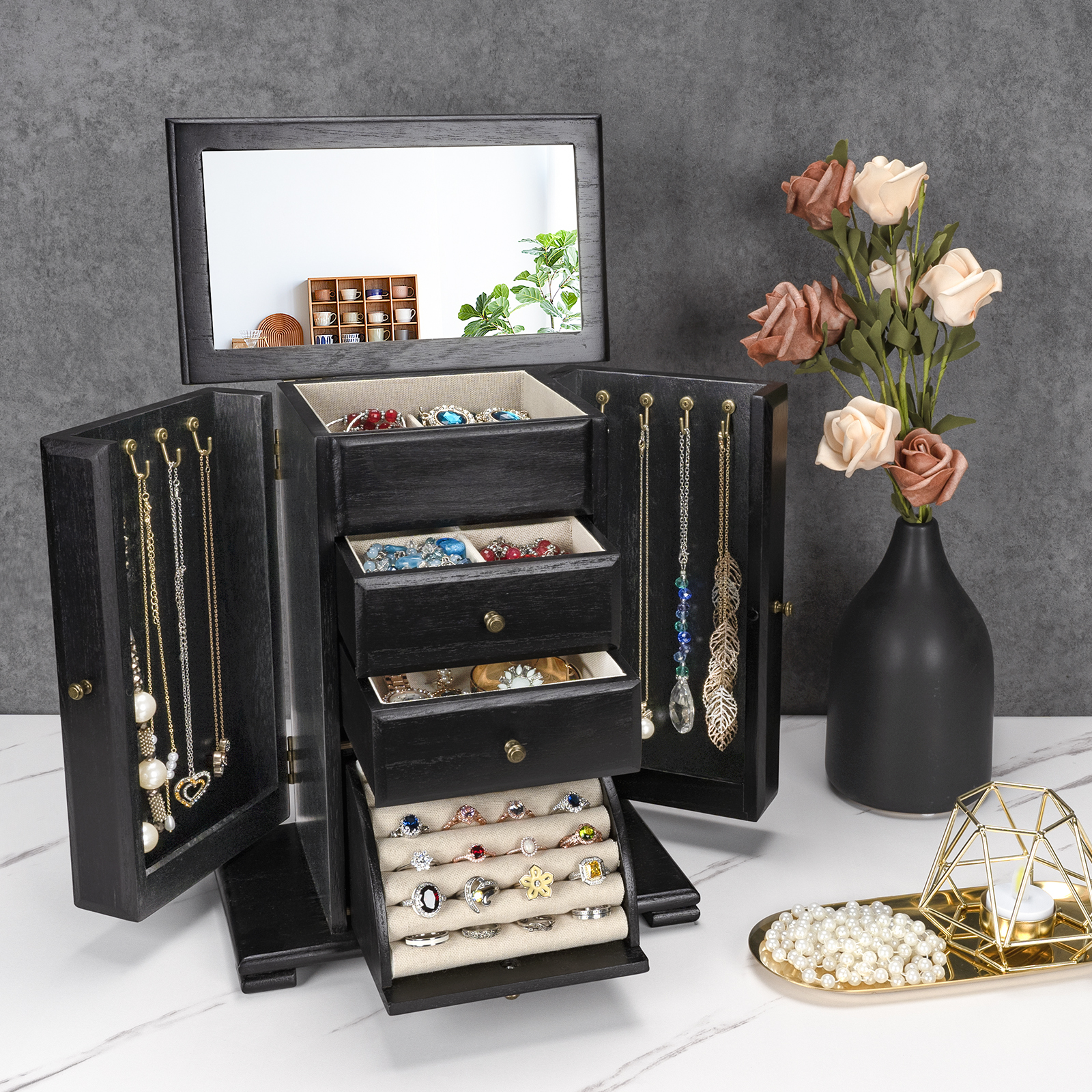 Joyero de madera hecho a mano con cajones, Joyero grande, Porta joyas, Caja  de almacenamiento decorativo, Organizador de joyas rústicas para mujeres -   España