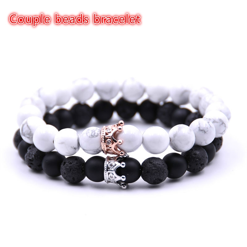 UNCOMMON Men's Beads Bracelet Two Black Crown Charms Lava Beads