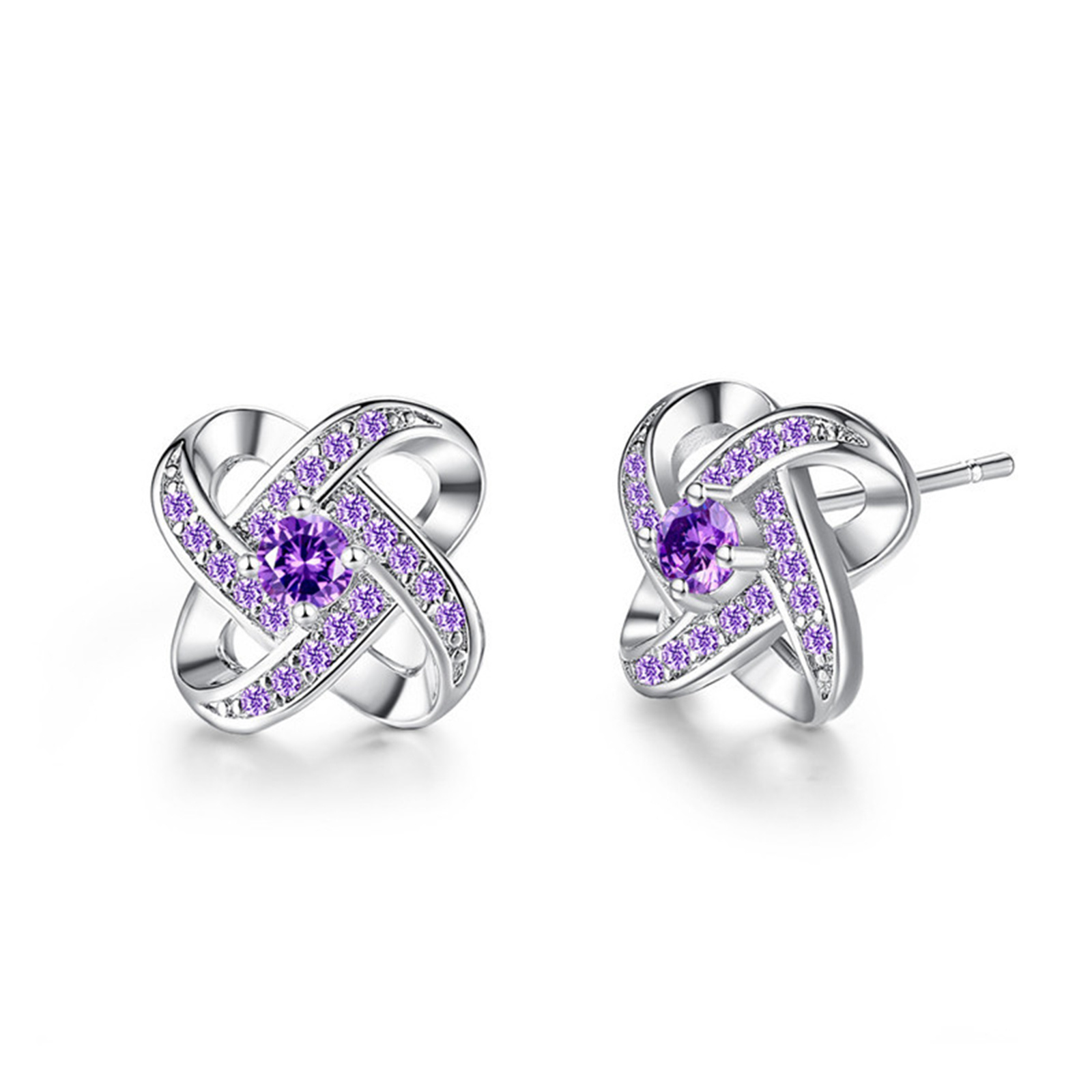 Exquisite Silvery Purple Zircon Flower Design Studs Earrings Women 