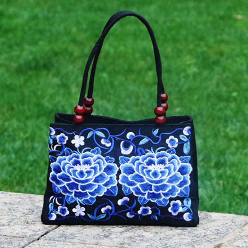 Stylish Floral Embroidered Handbag Trendy Zipper Canvas Bag - Temu