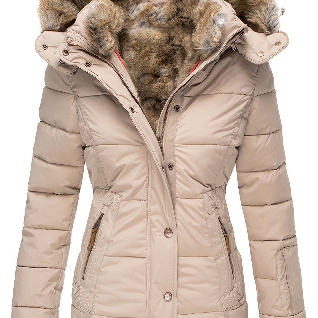 Women Fashion Fur Hooded Cotton Padded Thick Overcoat Slim Fit Warm Jacket Clothing Shoes 1365