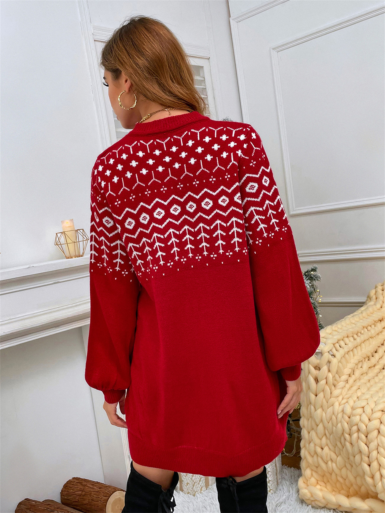 Crew Neck Christmas Graphic Sweater Dress, Long Sleeve Casual Loose ...
