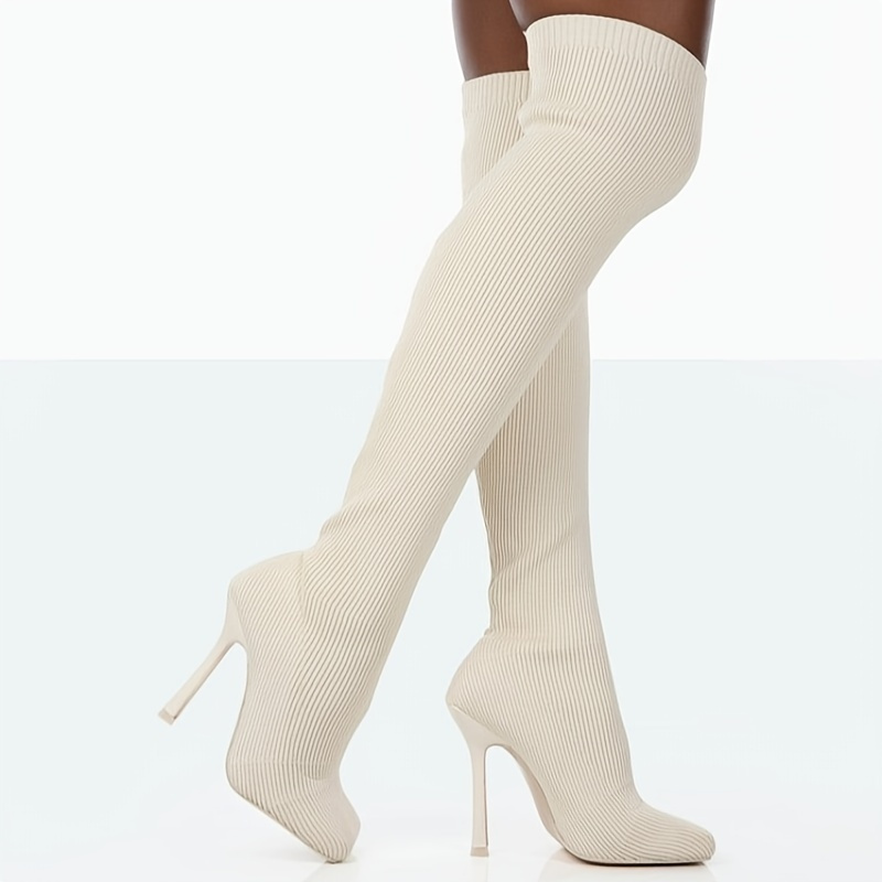 Women's Solid Color Stiletto Heeled Boots, Fashion Square Toe Over The Knee Boots, Breathable Knit Dress Boots