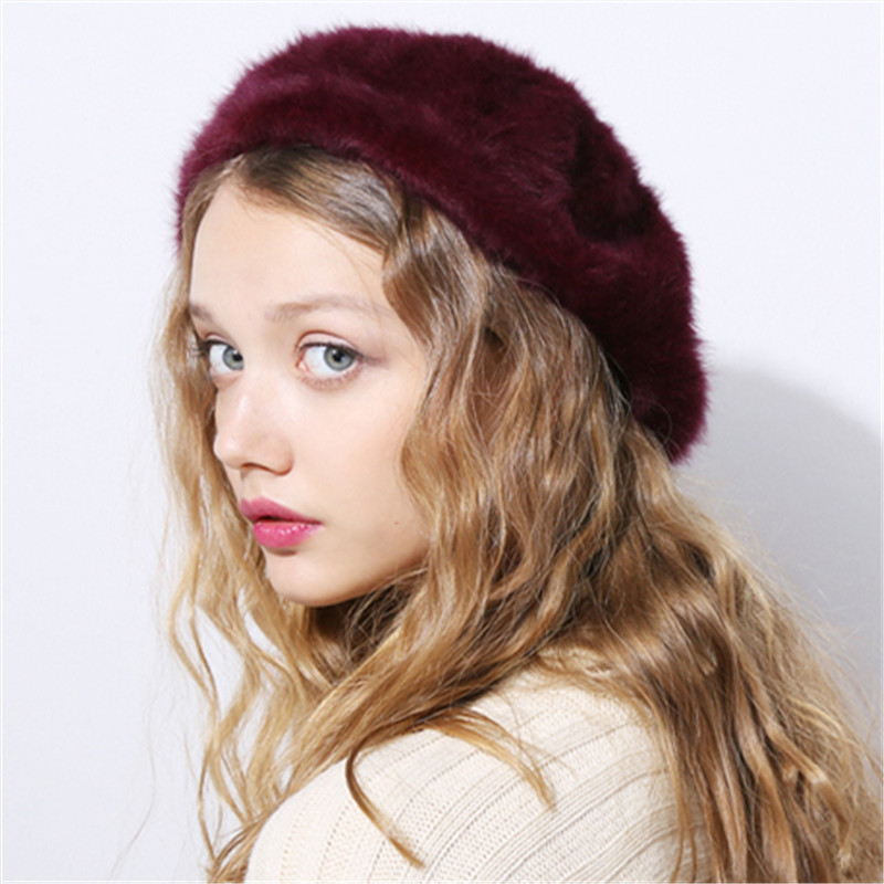 Women's Solid Rabbit Fur Beret Stylish Warm Winter Hat - Temu