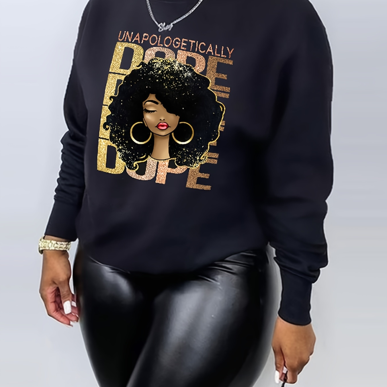 

Plus Size Figure & Letter Print Long Sleeve Sweatshirt, Women's Plus Slight Stretch Casual Sweatshirt