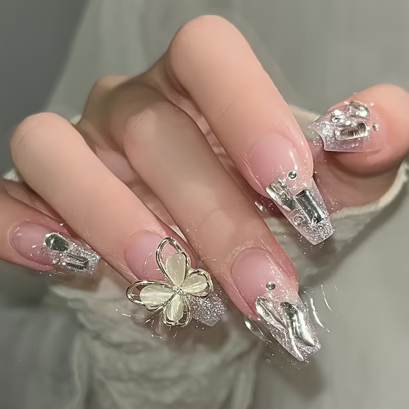 

24 Pcs Press On Nails Butterfly 3d Rhinestones Coffin Fake Nails With Designs Glossy Ballerina French Acrylic Nails For Women Girls