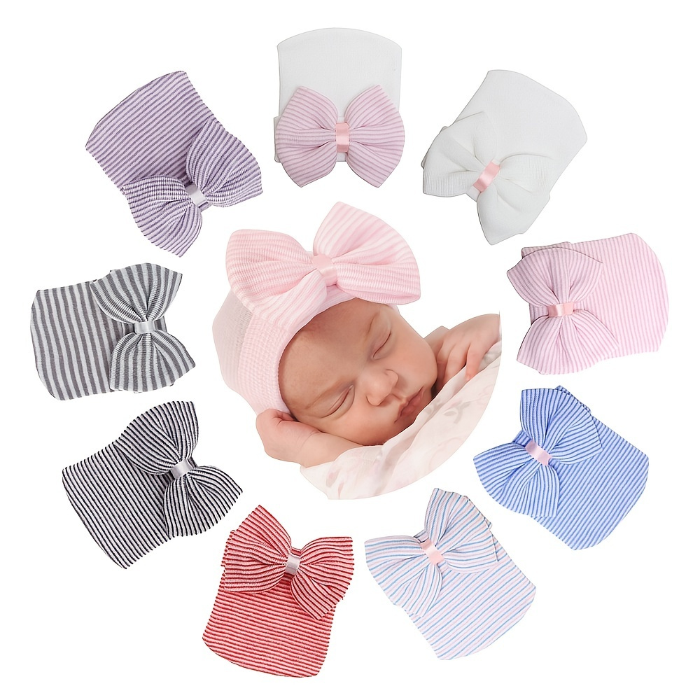 

Newborn Infant Bow Decor Striped Knitted Head Wrap Hospital Hat Turban Headband Headwear Photography Props Cap For Toddler Baby Girls