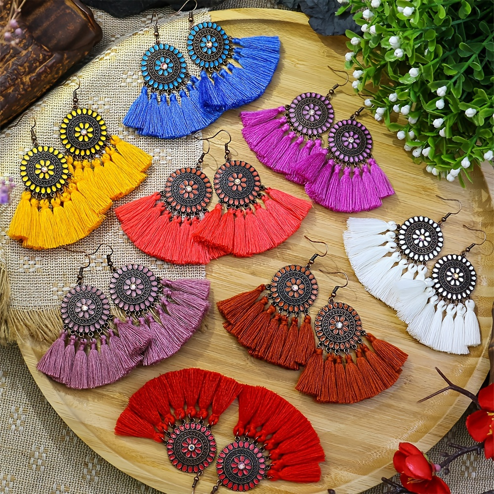 

Fan-shaped Tassels Dangle Earrings Inlaid Rhinestones Ladies Bohemian Style Vintage Gift Decor 1pair