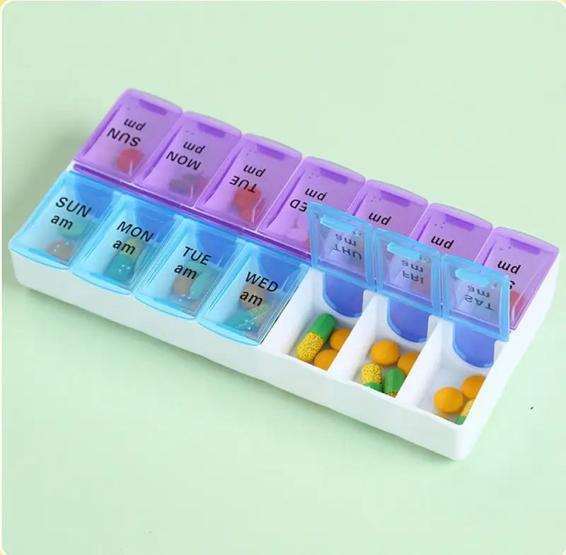 1pc pill box medicine storage box open lid to separate pill box pill container 14 compartments a weeks dose in the morning and afternoon travel pill case details 4