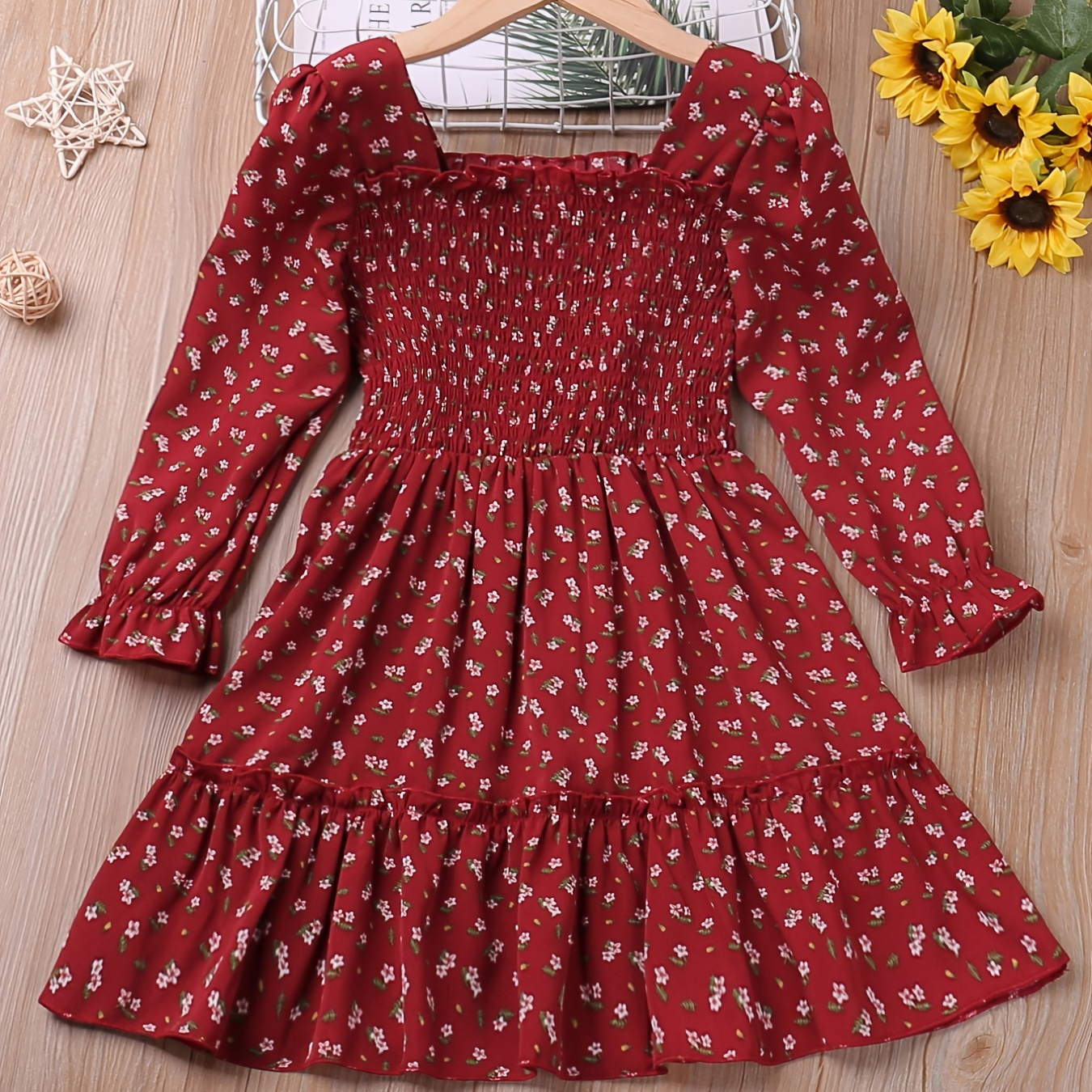 

Girls Long Sleeves Flowers Print Shirred Hem Princess Dress Kids Spring Clothes