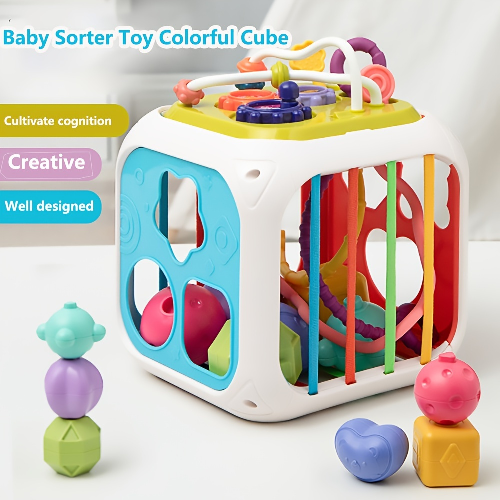 MINGKIDS Juguetes Montessori para niños de 1 año, juguete clasificador de  bebé, cubo colorido y 6 piezas de forma multisensorial, juguetes de