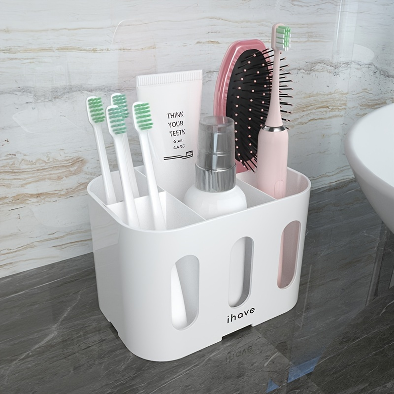  iHave Portacepillos de dientes para baños con 2 tazas, soporte  de cepillado de dientes, organizador de baño, soporte eléctrico para  cepillos de dientes con 5 ranuras y 2 agujeros para colgar