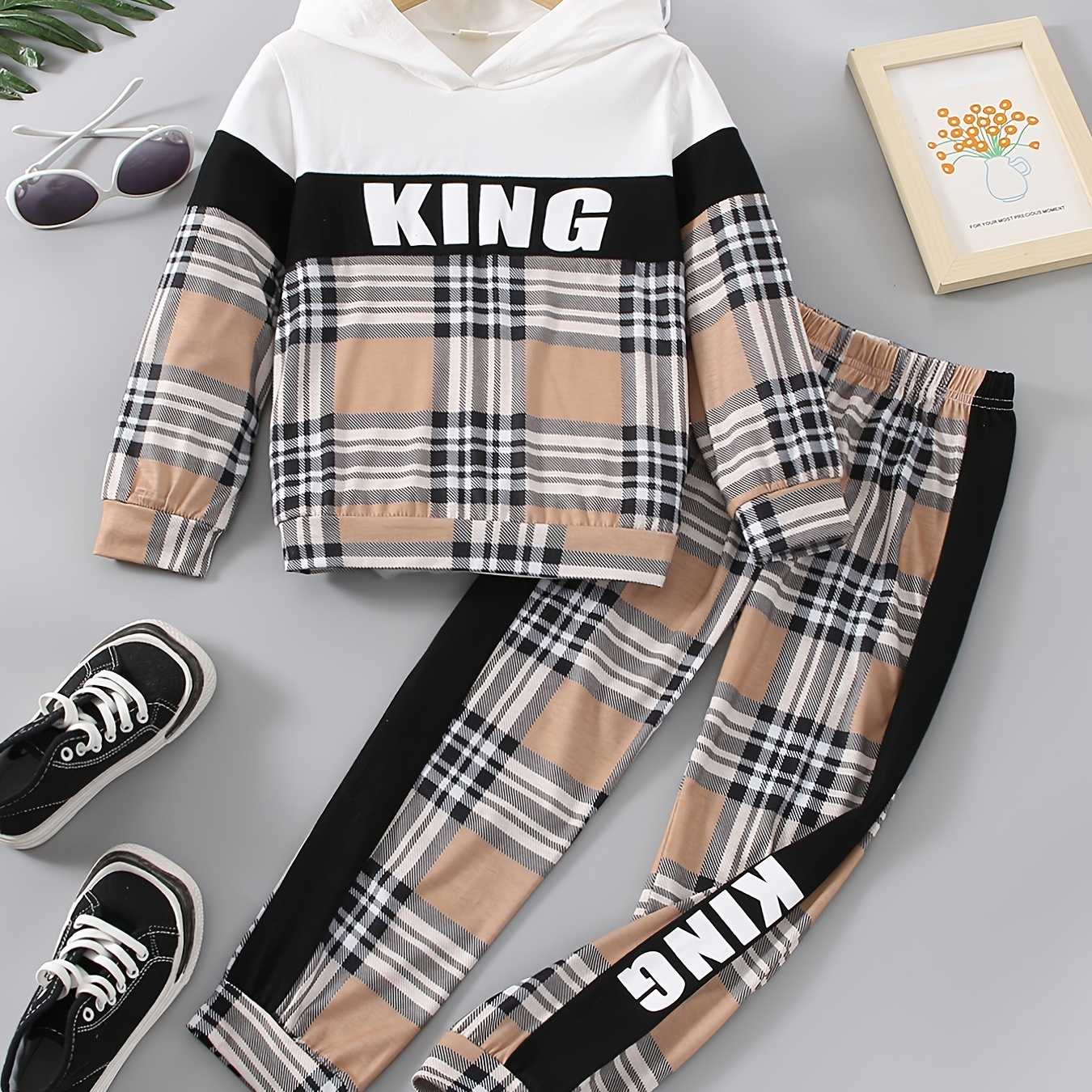 

2pcs Boys Plaid Hoodie And Pants Set, Hoodie & Pants Set, Boys Clothes, As Gift