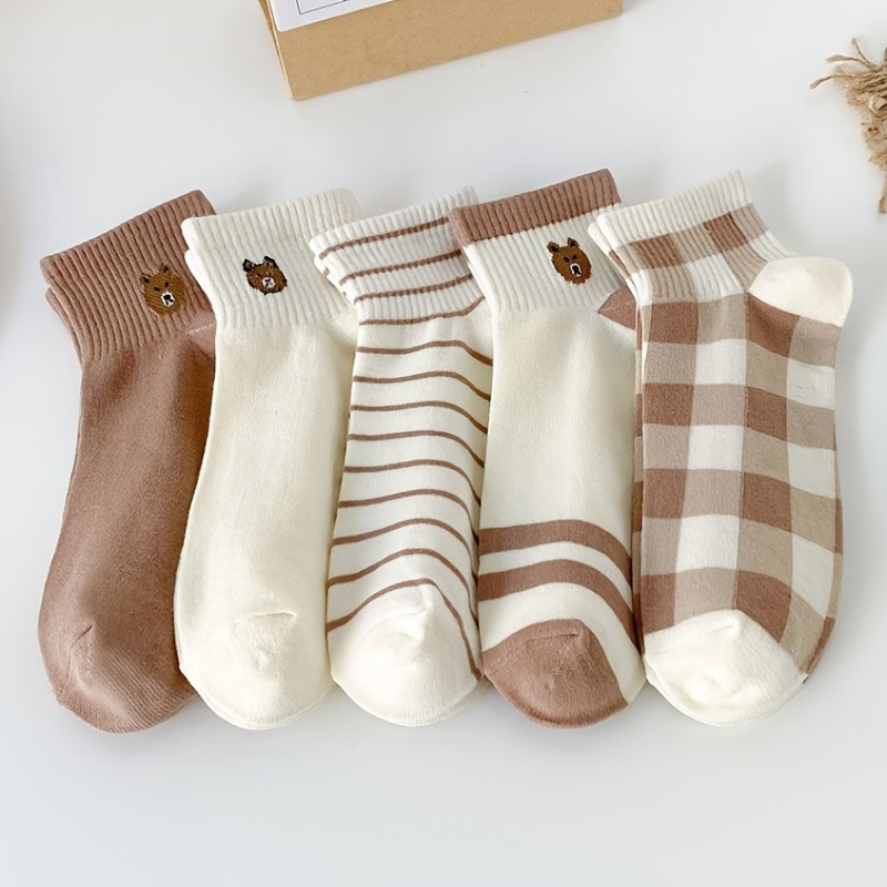 

5 Pairs Teddy Bear Ankle Socks, Comfy Cute Crew Short Socks, Women's Stocking & Hosiery