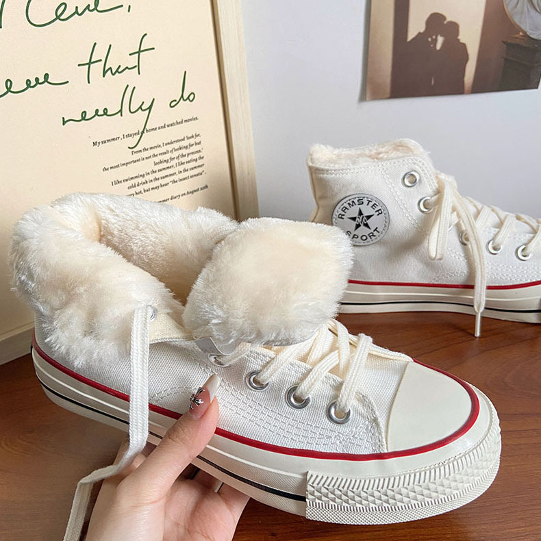 womens fleece liner high top shoes warm comfy lace up flat canvas shoes casual round toe shoes details 2