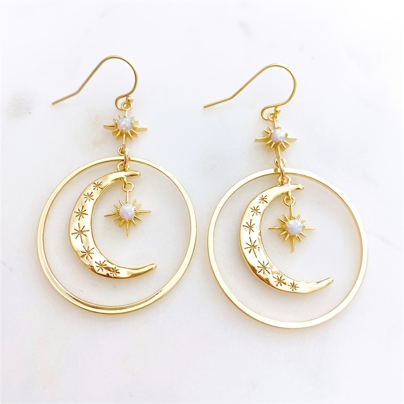 

Golden Hollow Celestial Moon Star Drop Dangle Earrings Inlaid Synthetic Gemstone Zinc Alloy Creative Personality Design For Women Gift 1pair