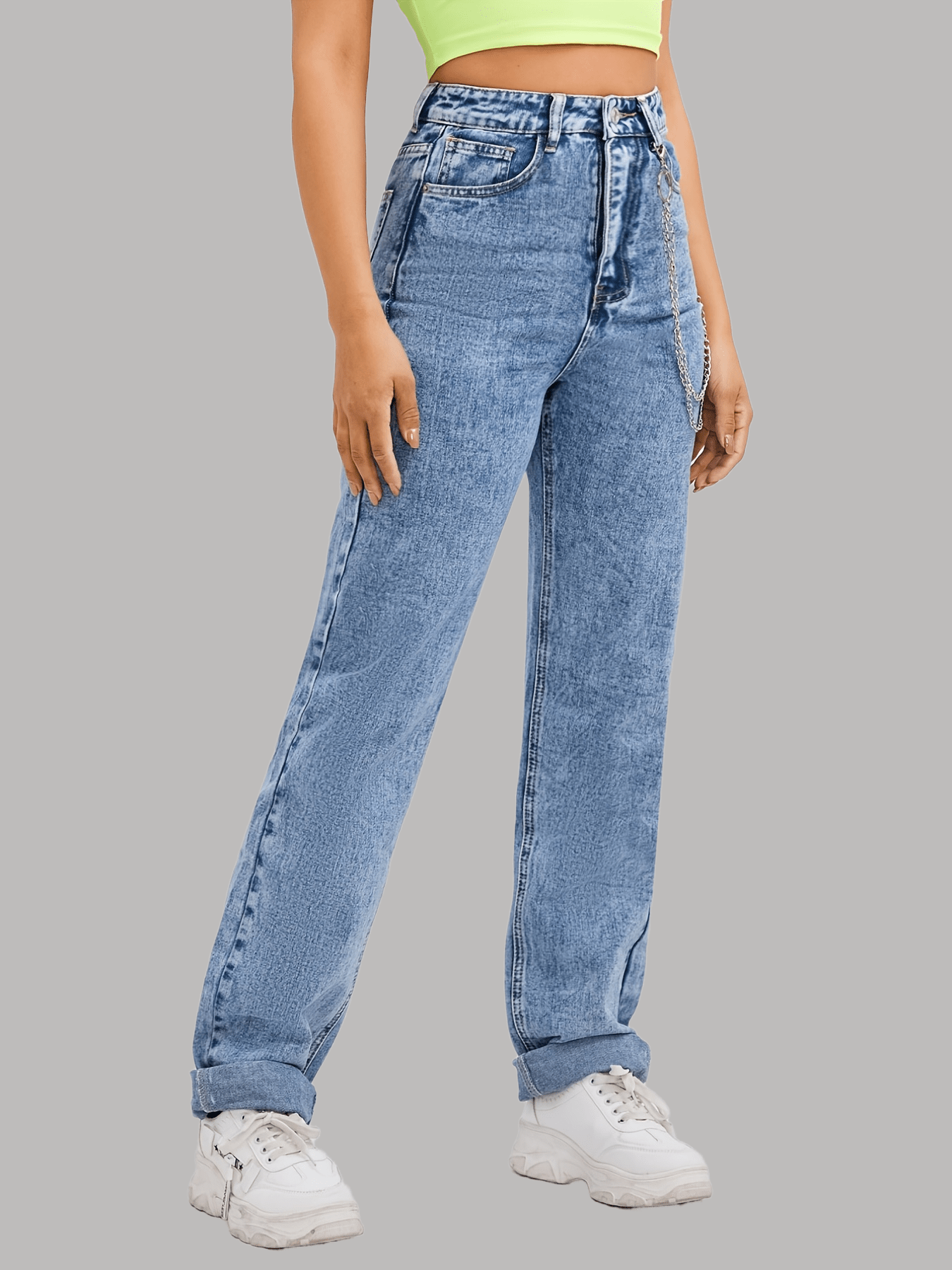 Chain Decor Boyfriend Denim Pants Straight Leg Baggy Jeans - Temu