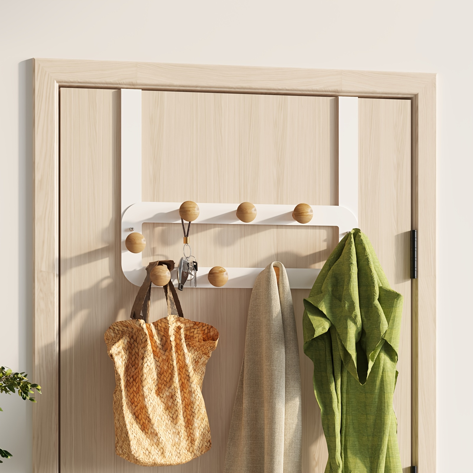 Over The Door Hook Door Hanger Towel Rack with 5 Wood Coat Hooks