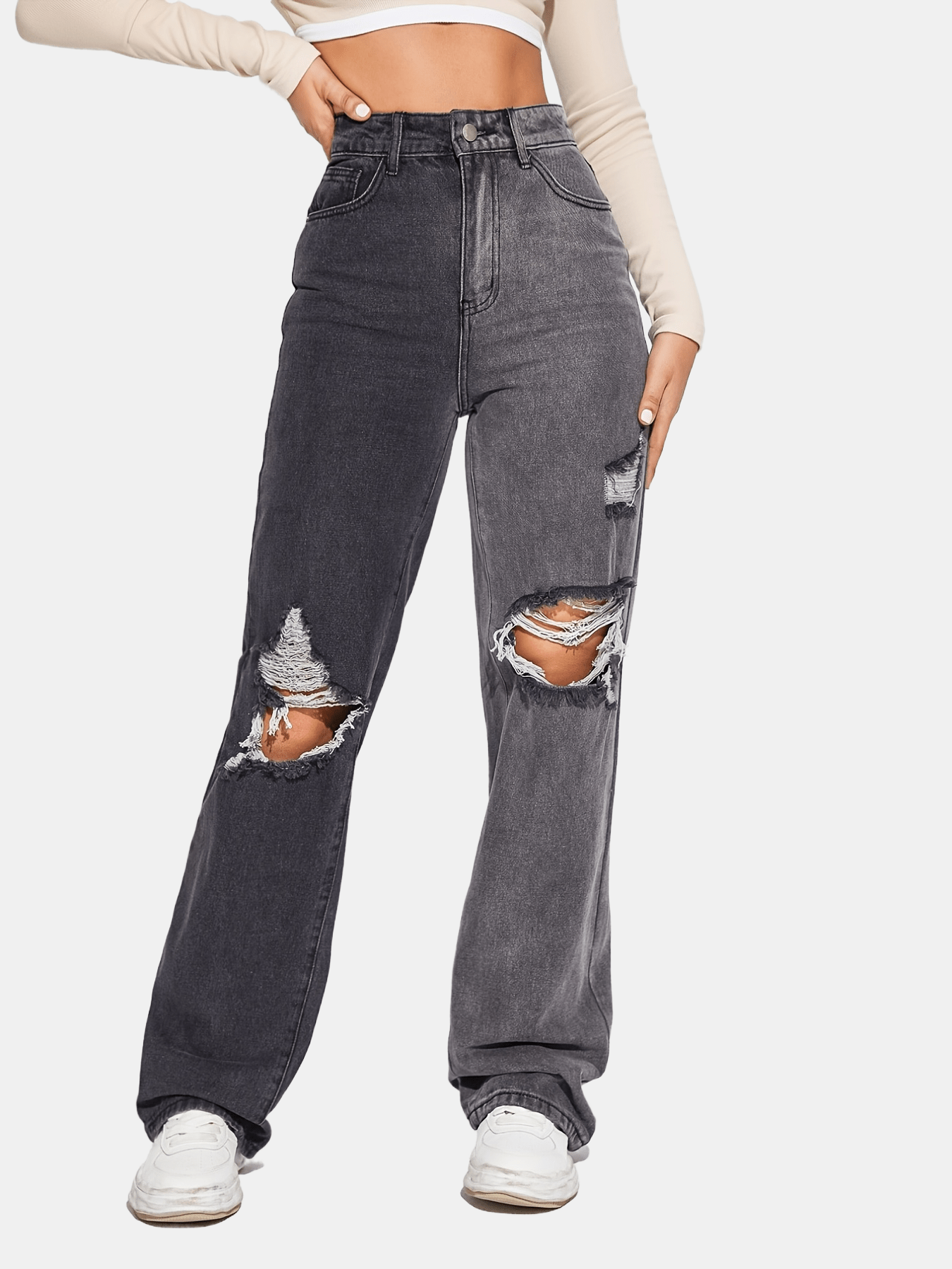 Two Tone Ombre Ripped Denim Pants, Ripped Holes Wide Leg Baggy Jeans ...