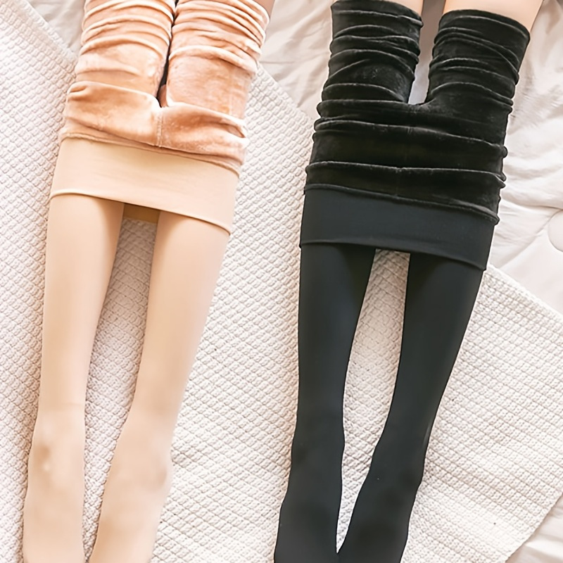 Plus Size Casual Leggings, Women's Plus Solid Liner Fleece Wideband Waist  High * Medium Stretch Leggings