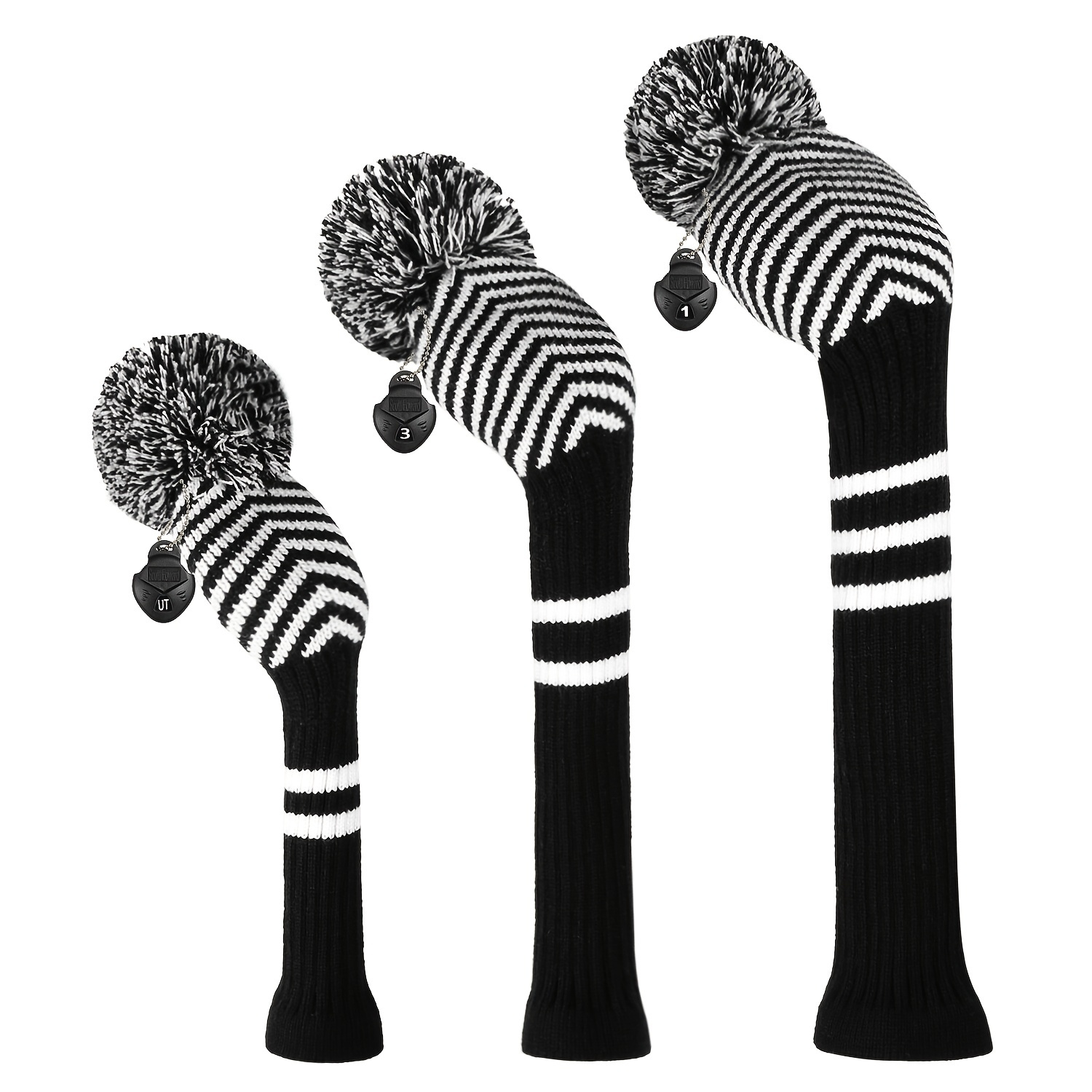 

3pcs Head Covers Set - Stylish Stripes With Number Tags For Drivers, , And - Your Clubs And Look Great