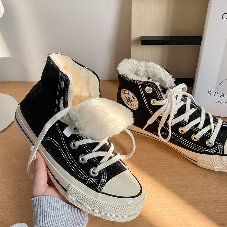 womens fleece liner high top shoes warm comfy lace up flat canvas shoes casual round toe shoes details 11