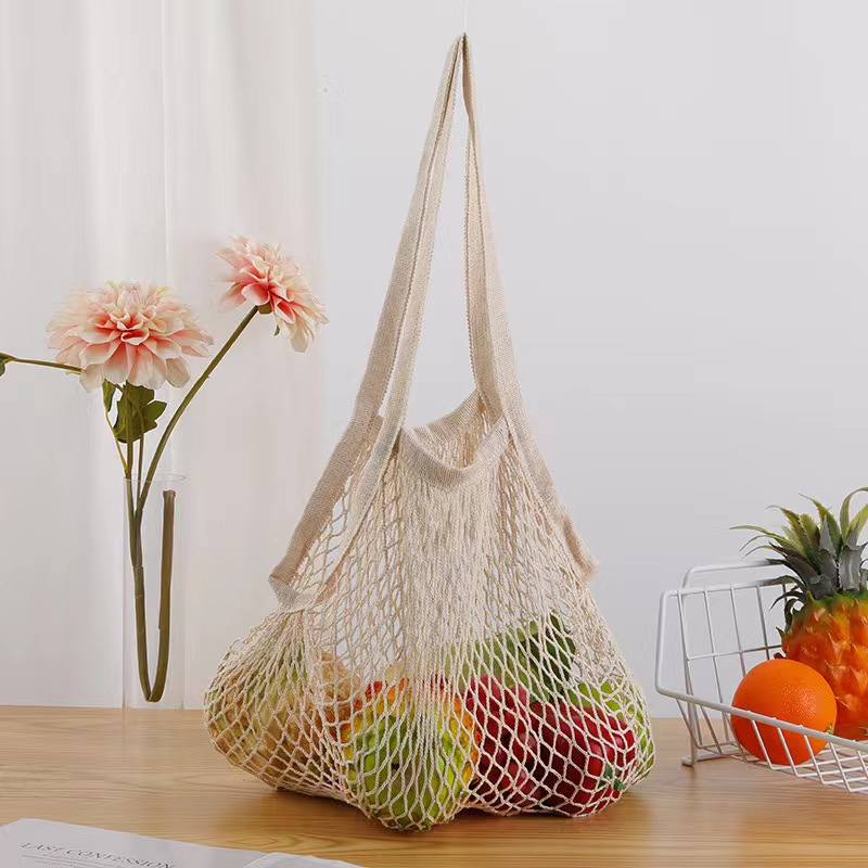 WHITEWRAP Cotton Mesh String Reusable Bag Long Handle Net Tote Bag| 5-Pack  | Natural | Reusable Grocery Bags, Vegetable Bag, Shopping bag, Hand bag