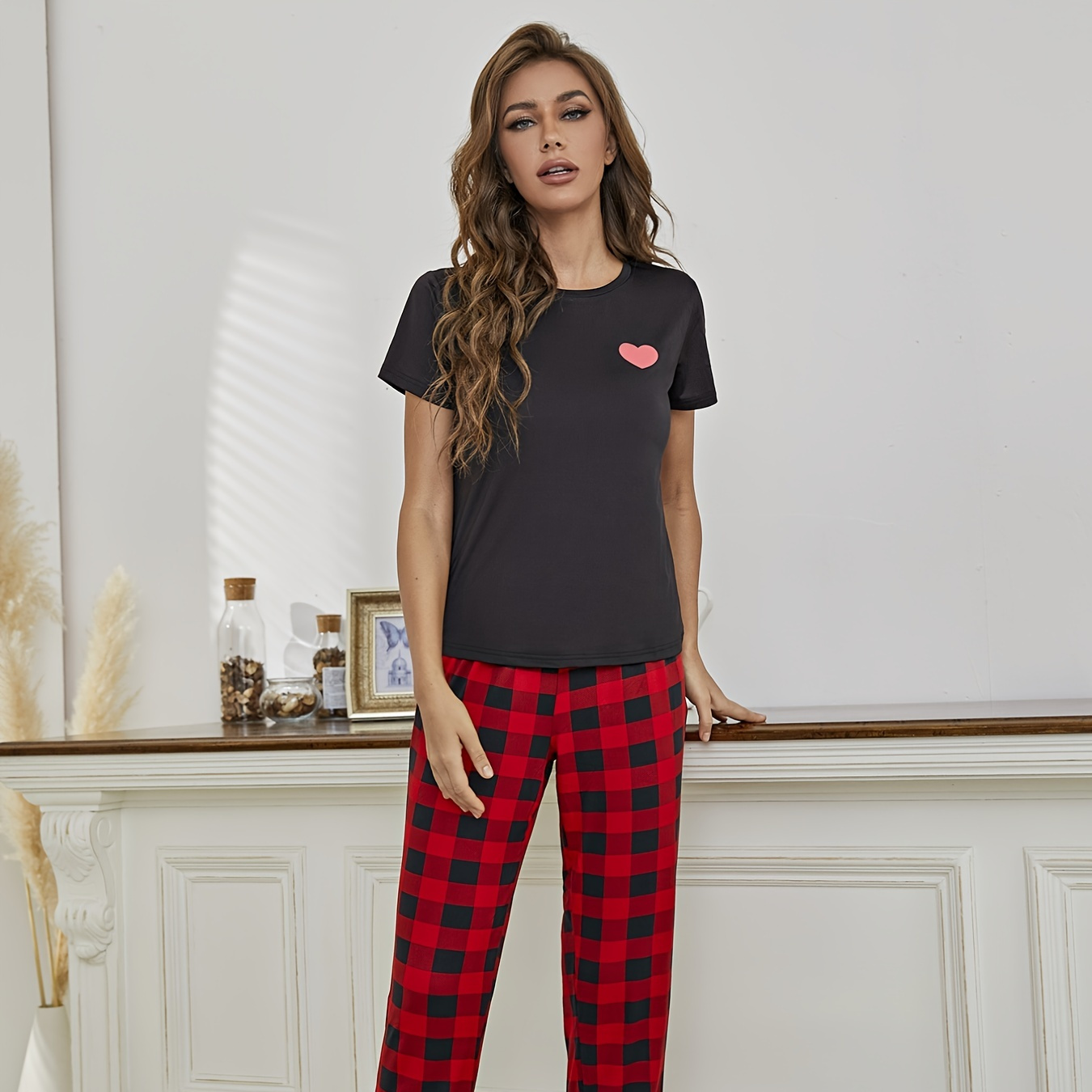 Cute Heart Pattern Christmas Pajamas Short Sleeve Top Plaid - Temu