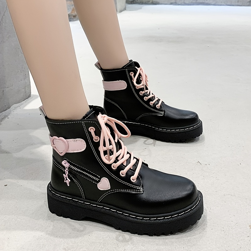 Fashion Heart Buckle Platform Ankle Combat Boots, Black & * Lace Up Zipper  Round Toe Shoes, Y2K Style Boots