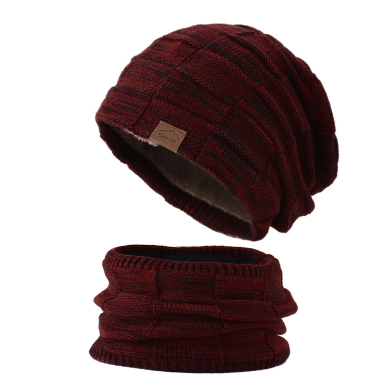 Mens Navy Blue and Burgundy Red Infinity Scarf and Hat Set