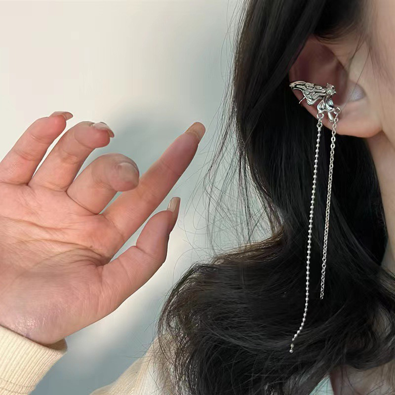 Zircon Butterfly Ear Cuff with Silver Tassel