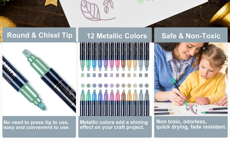 12 Colors Dual Tip Metallic Pens For Black Paper Mother Day - Temu