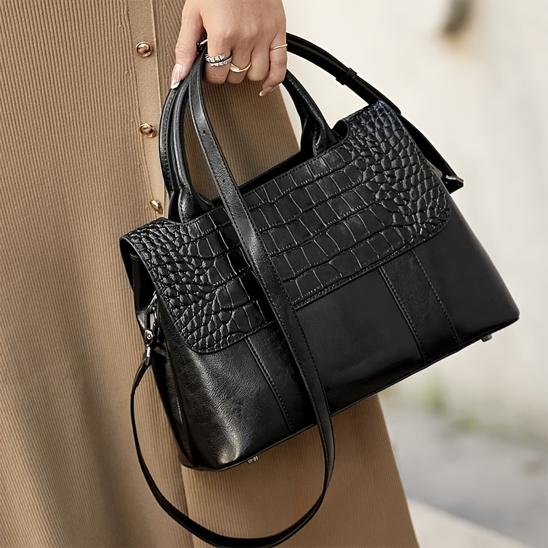 

Elegant Crocodile Pattern Tote Bag, Women's Trendy Flap Handbag Casual Shoulder Bag For Work