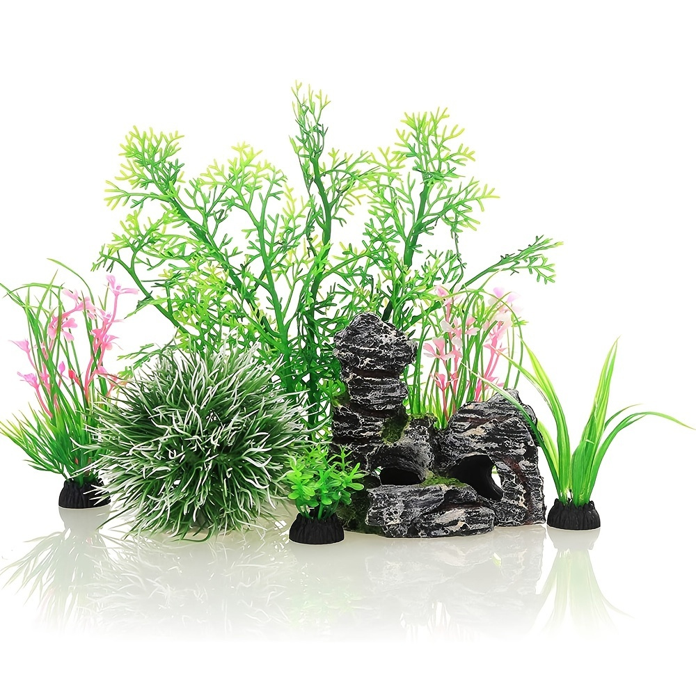 

7pcs Aquarium Decorations: Plastic Plants, Cave Rocks & Artificial Plants - Perfect For Your Fish Tank!