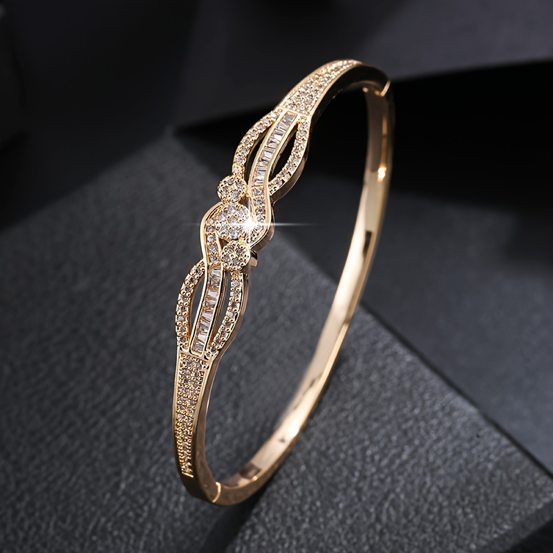 

Elegant Golden-tone Bracelet With Sparkling Zirconia Crystals - Luxurious Copper Bangle For & Party Wear, Bangle Bracelet