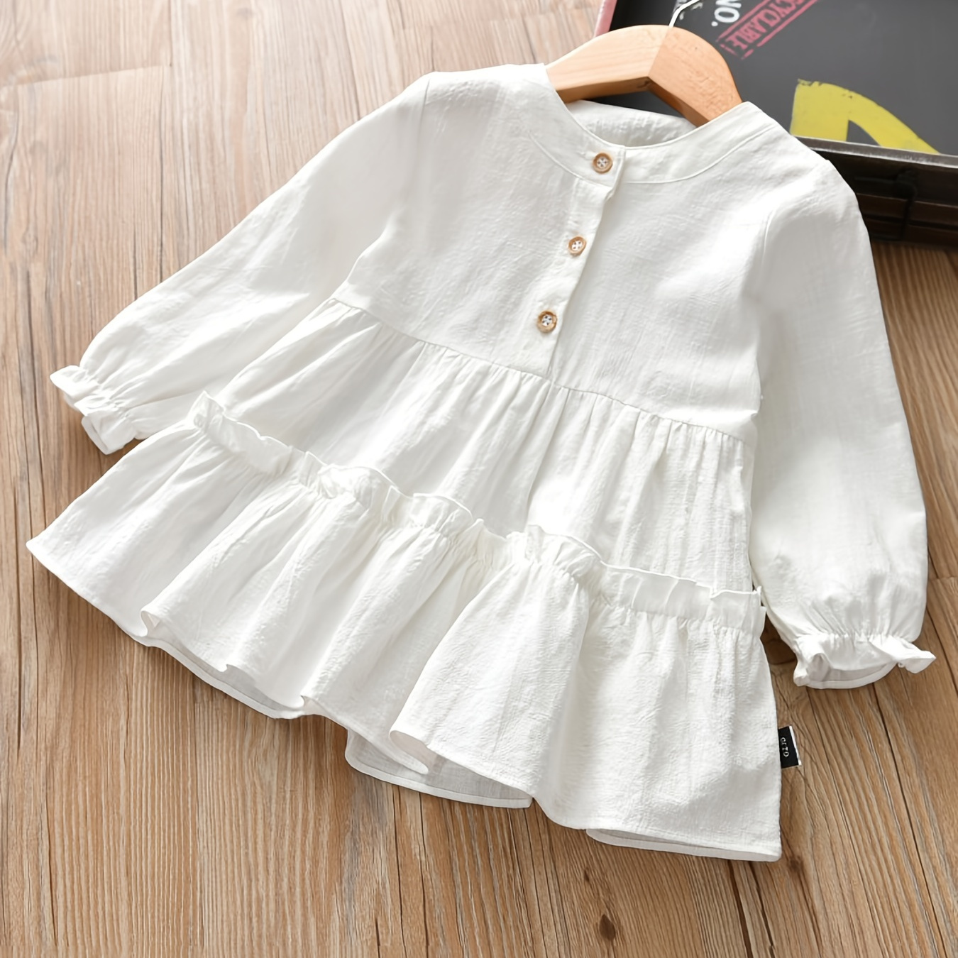 Girls Casual Cute Elegant Ruffled Blouse, Long Sleeve Simple Button-Down Top For Autumn And Spring