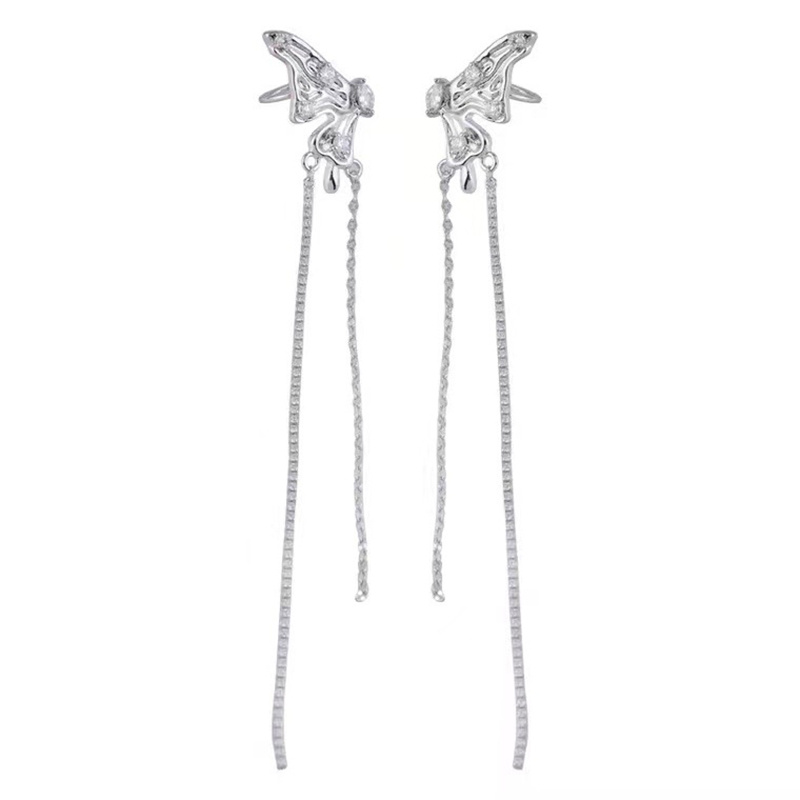 Zircon Butterfly Ear Cuff with Silver Tassel